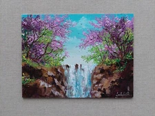Blossoming Spring Sakura Painting. Delicate cherry branches blossom waterfall