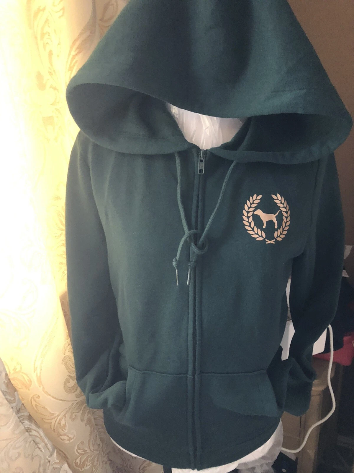 UNDERCOVER Felpa con cappuccio Victoria's Secret ROSA piccola felpa verde logo paillettes oro S❤️