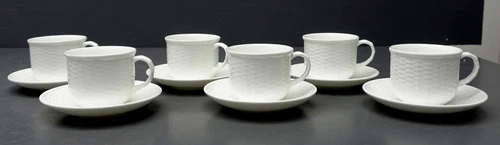 Wedgwood 12pc White Nantucket Basket Weave 6 Sets Porcelain Cup/Saucer England