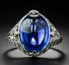 Lab Created Blue Cabochon Hand Decorate Fine Jewelry Bright Finish Silver Ring
