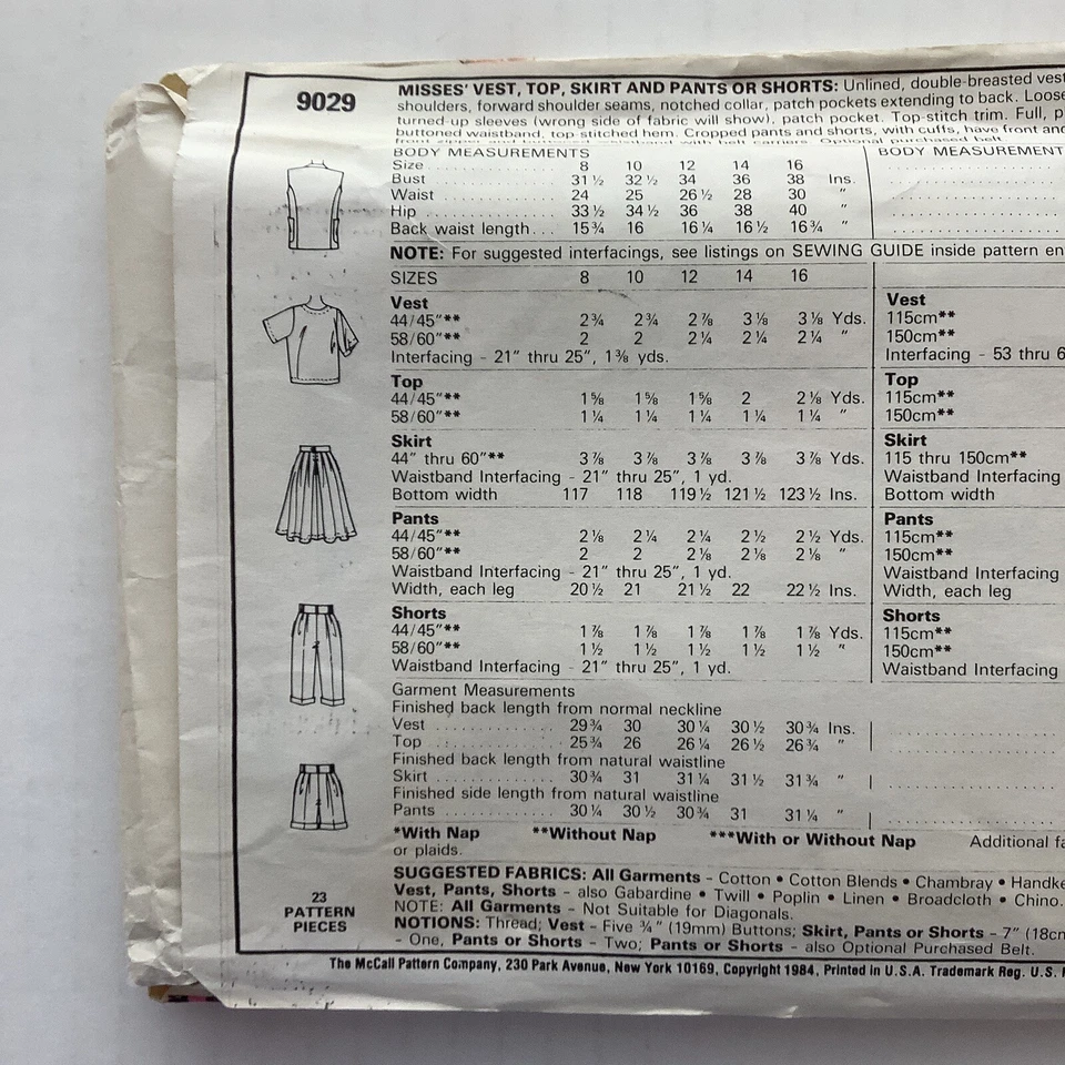 McCalls 9029 Sewing Pattern Women’s Shirt Pants Skirt Vest Misses Size 10 UNCUT - Image 3 of 4