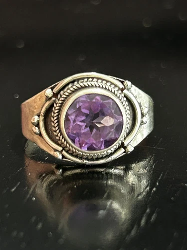 Vintage Ring Size 10.25 Silver 925 Purple Poison Amethyst Bezel Gem