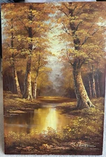 PHILLIP CANTRELL ORIGINAL OIL ON CANVAS  LANDSCAPE FALL TREES VTG PAINTING 24x36