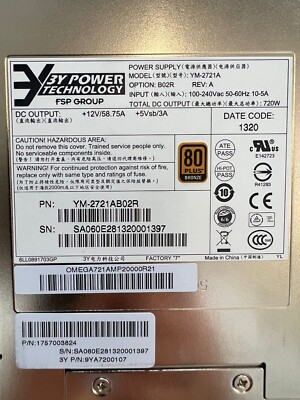 3Y Power Technology 720W 80 Plus Bronze Power Supply Unit YM-2721A YM-2721AB02R