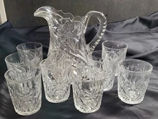 American Brilliant Cut Glass Pitcher and 8 Tumblers