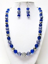 Blue  Silver w/Blue Faceted Acrylic Bead Necklace/Earrings Set