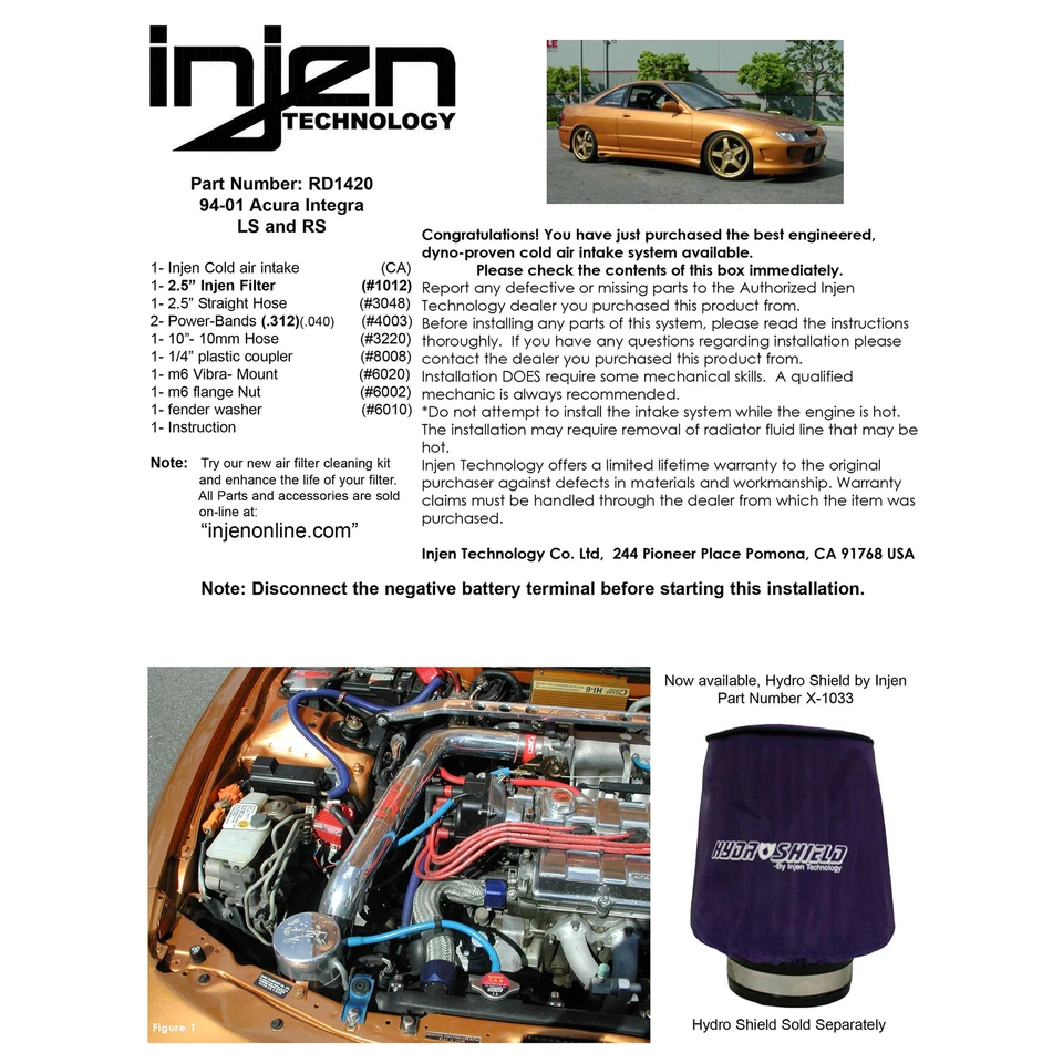 Sistema de admisión de aire frío de aluminio Injen RD1420P para 94-01 Acura Integra LS RS RS 1,8 L Foto 4 de 4