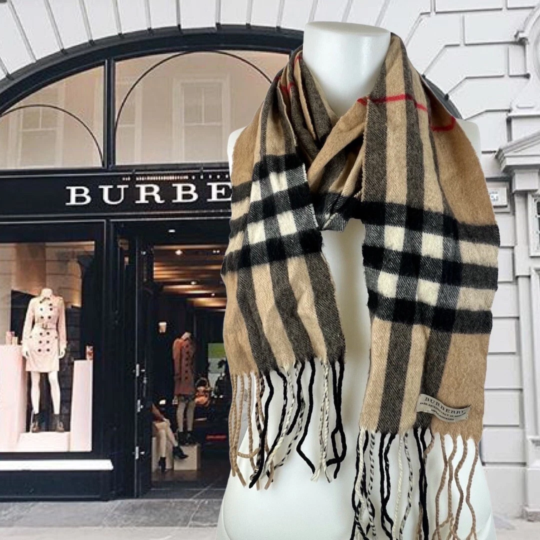 Burberry 100% Cashmere Scarf Classic Nova Check Camel Made in Scotland Soft  READ