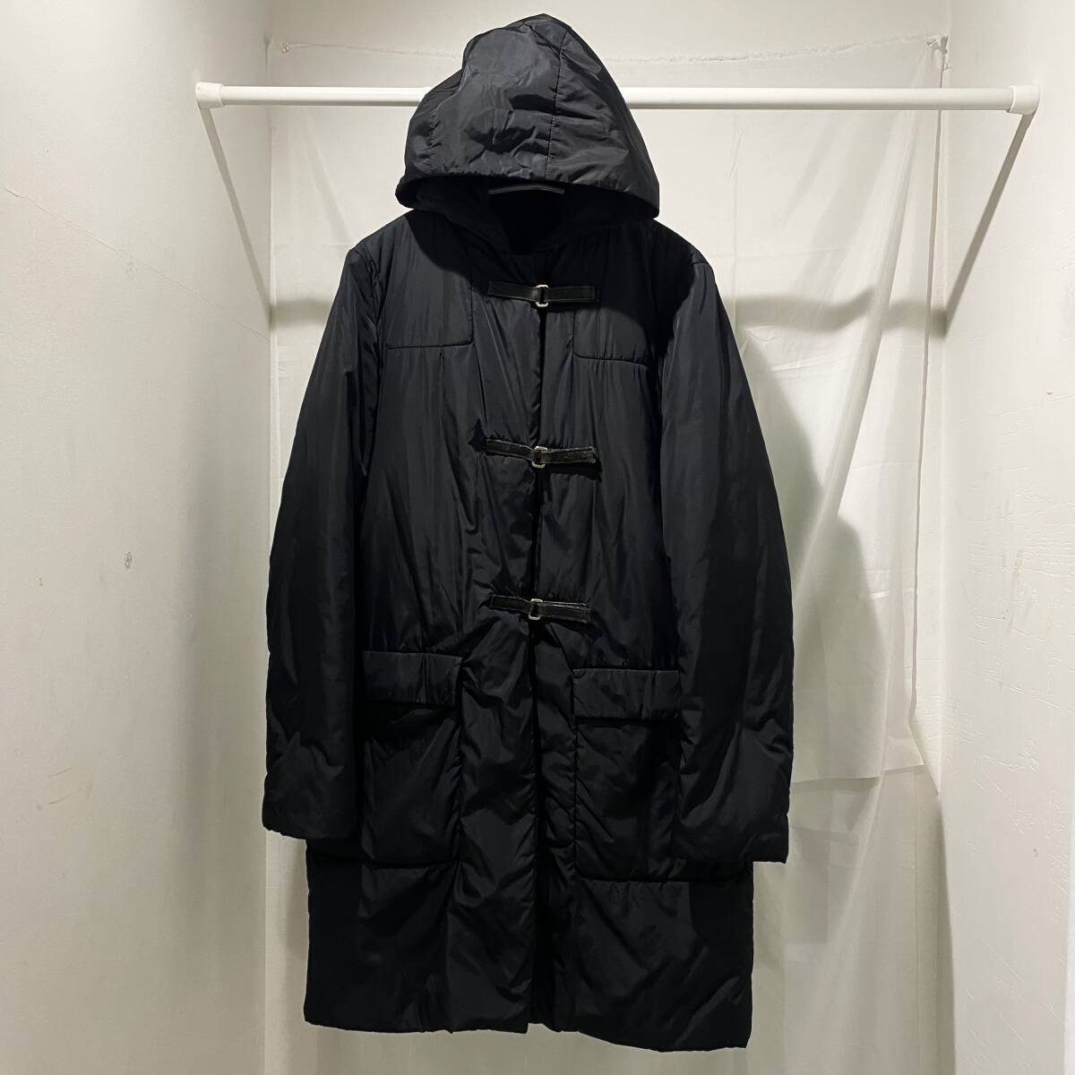 PRADA 99AW Leather Belt Hooded China Coat Down Coat Black PRADA 99AW Leather Belt Hooded China Coat Down Coat Black