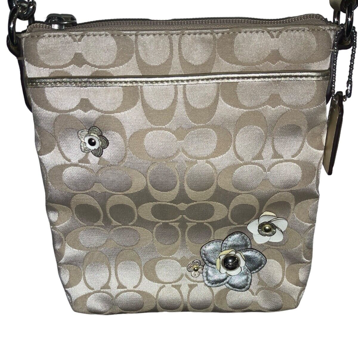 COACH Signature C Tan Floral Applique Swingpack with Gold Trim Crossbody Bag