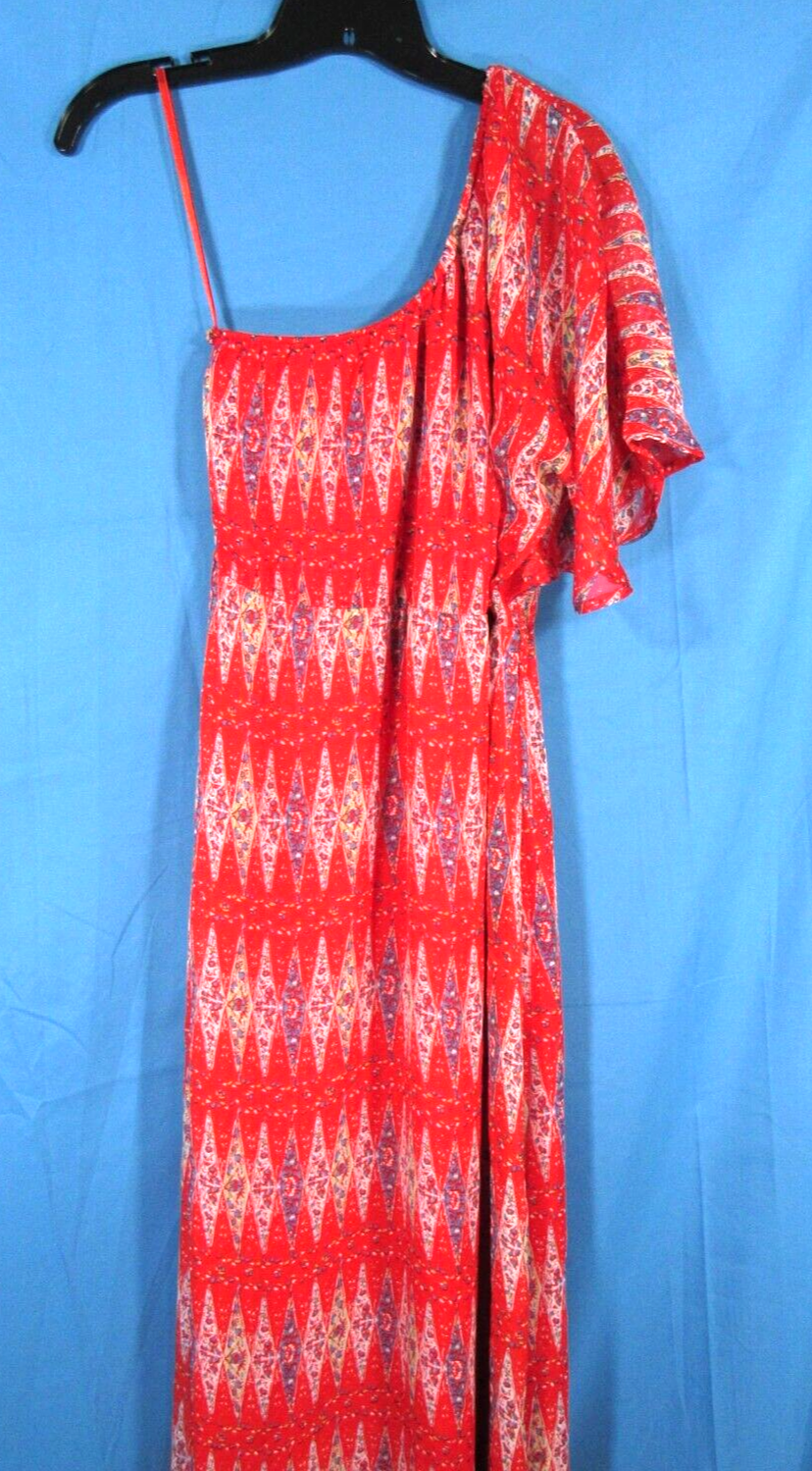 YA LOS ANGELES Lined SILK BLEND Red/Multi ONE-SHOULDER Maxi Blouson Dress Sz S