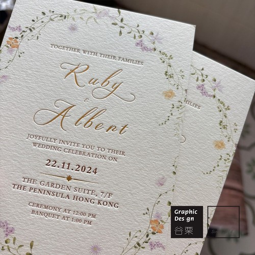Papel de algodón grueso impresión de flores tipografía invitaciones de boda personalizadas - Imagen 7 de 9
