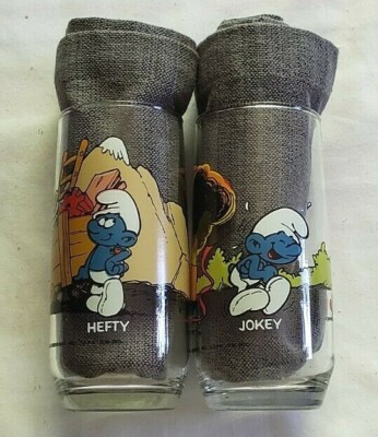 1982 Peyes ''Jokey & Hefty Smurf'' Collector Glasses By Wallace Berrie & Co.