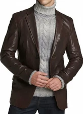 Men’s Genuine Leather Blazer Jacket Lambskin Two Button SlimFit  D.Brown Coat ZO