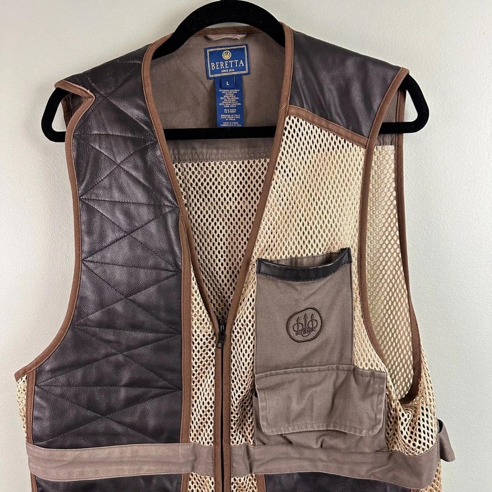 Beretta Shooting Vest Mens LG Mesh Leather Brown Clays Shell Pocket Fish Large - Image 2 of 4