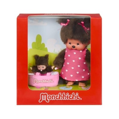 Monchhichi 204076 Girl in Pink Heart Dress with Bebichhichi - New/Sealed