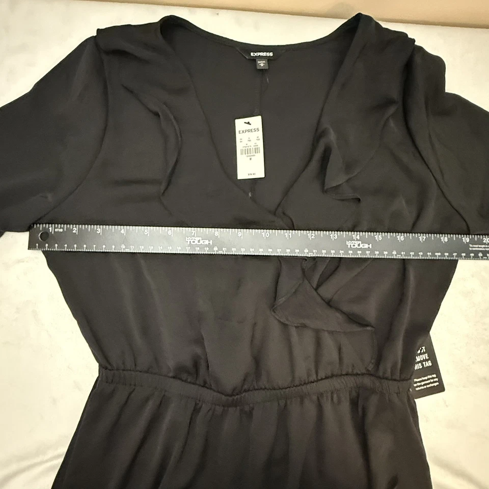 Express NWT Black long sleeve Satin faux wrap ruffle dress Med Party Holiday - Image 4 of 4