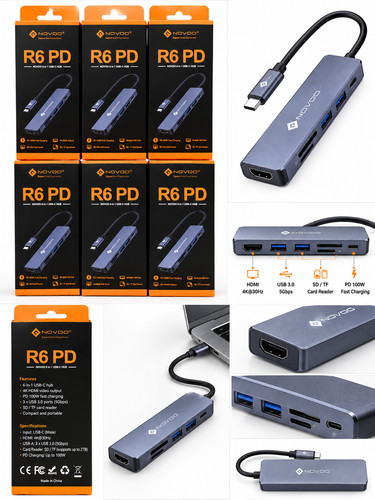 NOVOO R6 PD 6-in-1 USB-C Hub – 100W PD / 4K HDMI / USB 3.0 / SD & TF