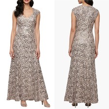 NEW ALEX EVENINGS Mink Taupe SEQUIN SWIRLS Corded LACE Sparkle SLEEVELESS GOWN 8