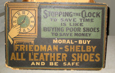 1930'S FRIEDMAN-SHELBY LEATHER SHOES- OIL PAINT SIGN-W TAG-STORE DISPLAY-ORG-18"