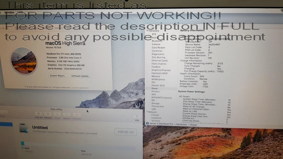 BAD DISPLAY? Apple MacBook Pro Mid 2010 17" Laptop Intel Core i7 8GB 500GB High - Image 2 of 4