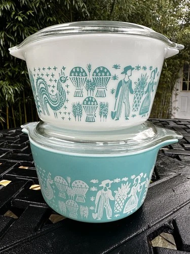 2 Vintage PYREX 1 Qt. "Turquoise Butterprint" Cinderella Amish Covered Dishes