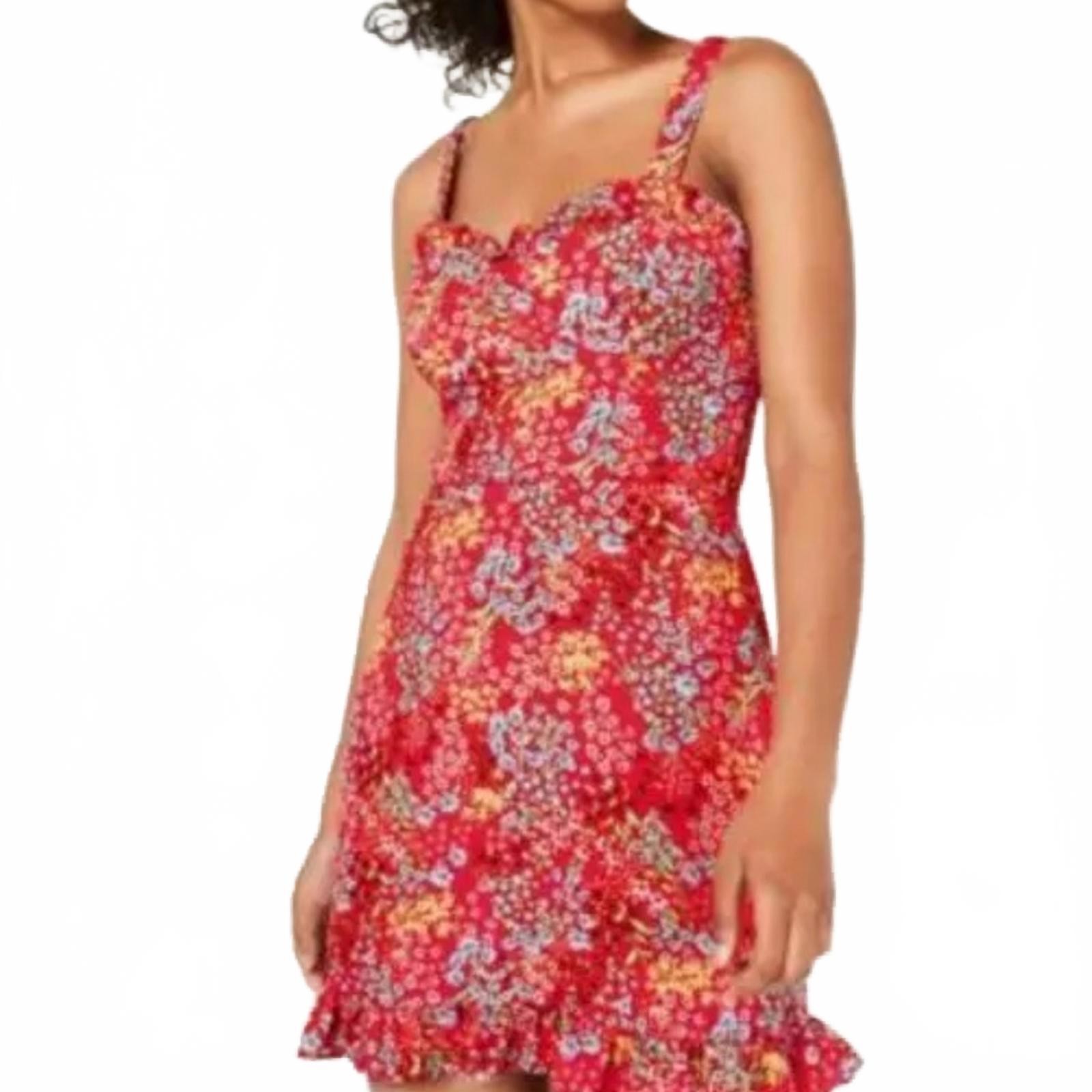 B Darlin Juniors Red Floral-Print Ruffled Smocked Dress Sz 9/10 TINI {&}