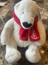 COCA COLA COKE SODA PLUSH POLAR BEAR WITH RED LOGO SCARF 8" SEATED ADVERTISING