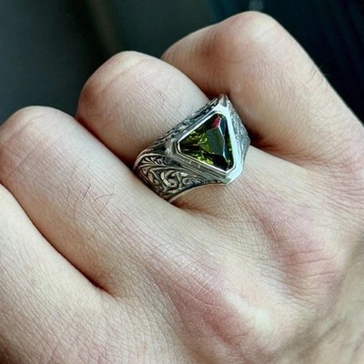 195 Men Silver Triangle Green Emerald Hand Engraved Men Ring