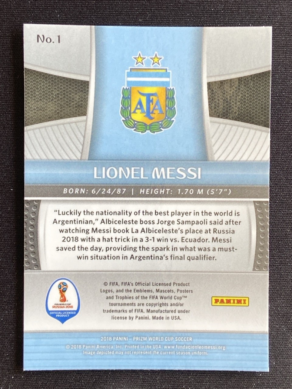 Lionel Messi 2018 Panini Prizm FIFA World Cup Base #1 -nl1 view 2