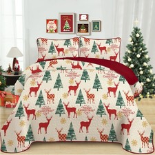 Christmas Quilt Set Queen Size Red Beige Holiday Bedspread with Tree 