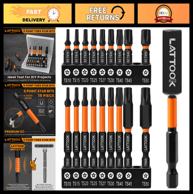 19-Piece Security Tamper Proof Torx Bit Set, Magnetic S2 Steel, T10-T50, 2.3'' &