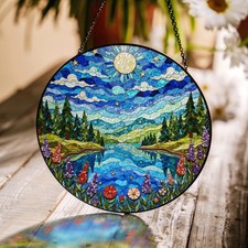Colorful Mountain Lake Nature Stained Glass Suncatcher Style Window Hanging