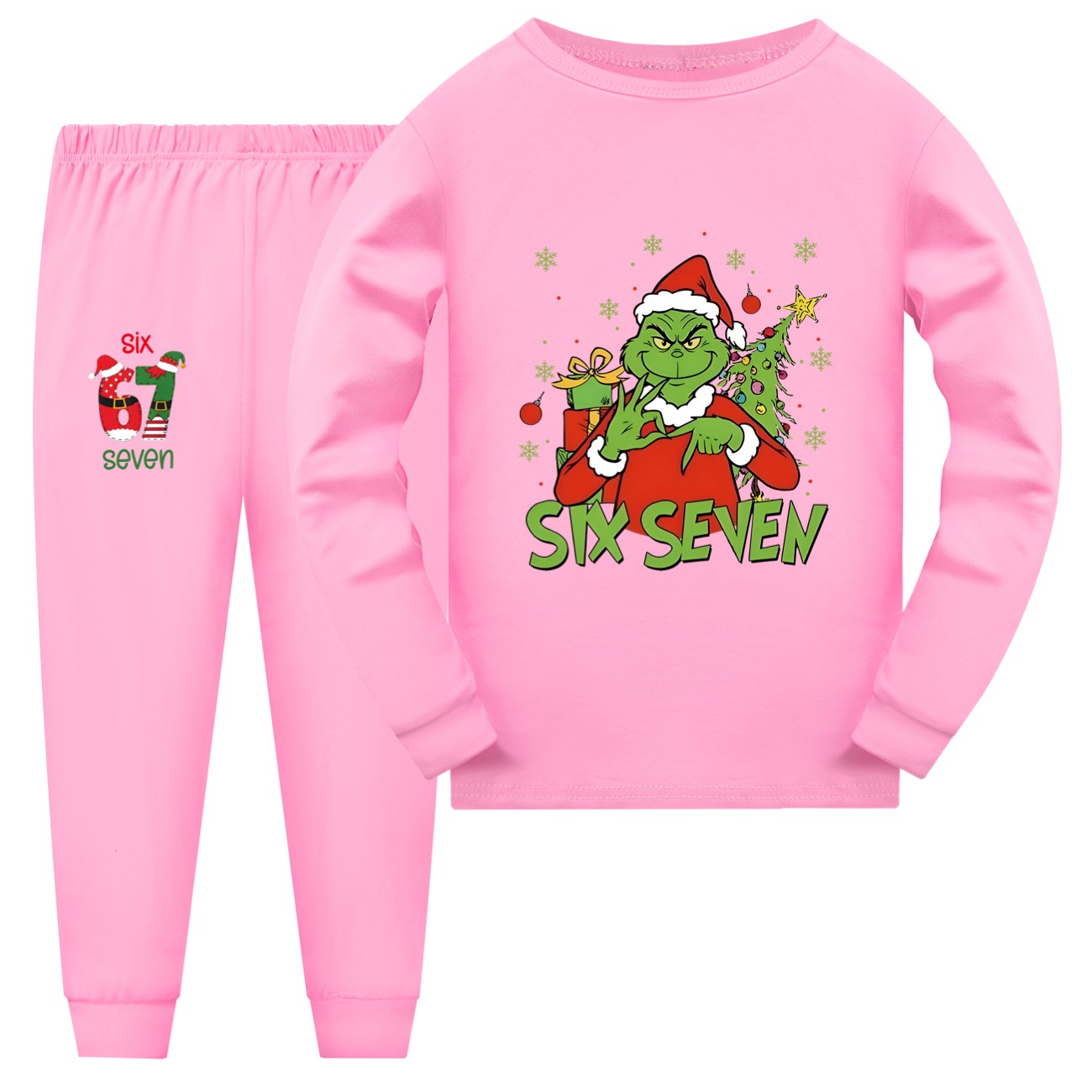 Girls Boys 67 Grinch Christmas Pyjamas Kids Six Seven Nightwear Top Pant Pjs Set image 5