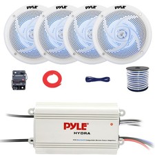 Pyle Marine 4-Channel Bluetooth Amplifier w/Kit, 4x 4" Blue LED Speakers, Wire