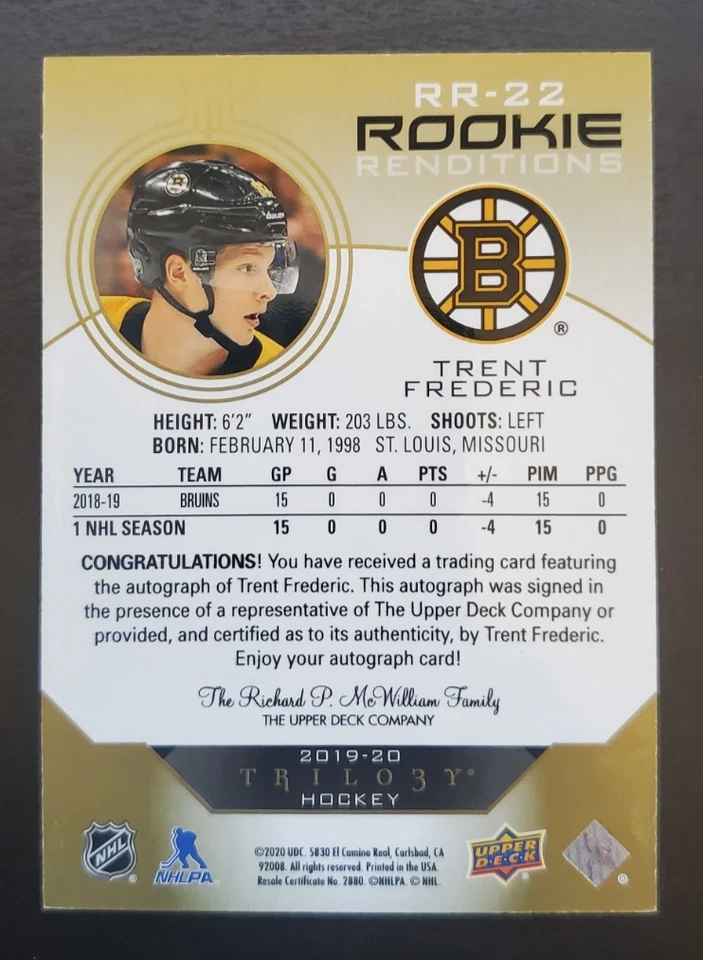 2019-20 Trilogy Trent Frederic Rookie Renditions Auto #RR-22 Boston Bruins - Image 2 of 2