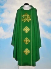 Green Chasuble and Stole, Embroidered IHS Design Priest's Chasuble Vestment