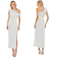 Mac Duggal White Feather Trim One Shoulder Draped Dress Size 0