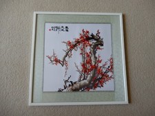 Chinese, Square, Silk Embroidery Art, Red Cherry Blossom Tree, Framed, 46x46 cm