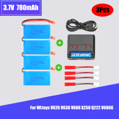4× 3.7v 780mAh Lipo Battery +USB Charger for WLtoys V686 V626 V636 Q222 RC Drone