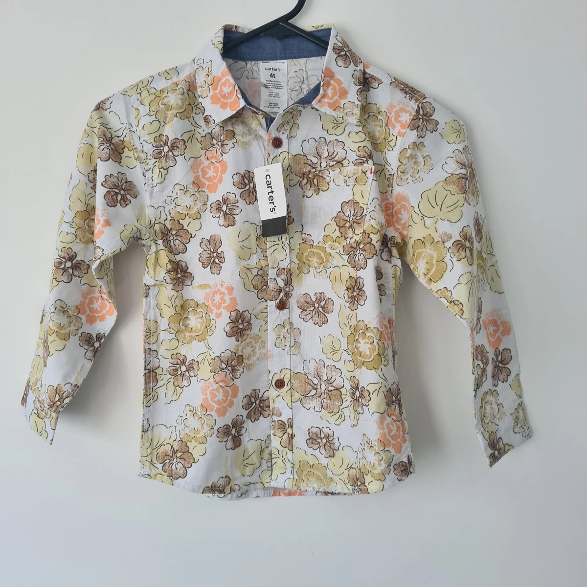 Carters Boys Shirt 4T White Brown Orange Long Sleeve Elbow Patches