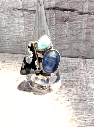 S. 8 ring 925 Sterling silver statement Snowflake Jasper blue Kyanite Larimar..