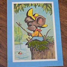 Craft Master Crushed Stone Vtg Art Mosette Mouse Gone Fishing 1974 Completed