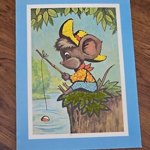 Craft Master Crushed Stone Vtg Art Mosette Mouse Gone Fishing 1974 Completed