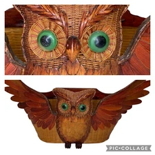 Vintage Wicker Owl Rattan Woven Wall Pocket Letter Mail Basket Kitchie