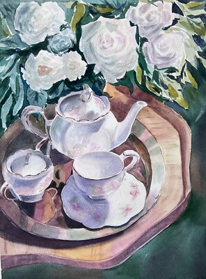 Original A3 Watercolour Painting of Porcelain Tea Set and Roses Handmade Gift