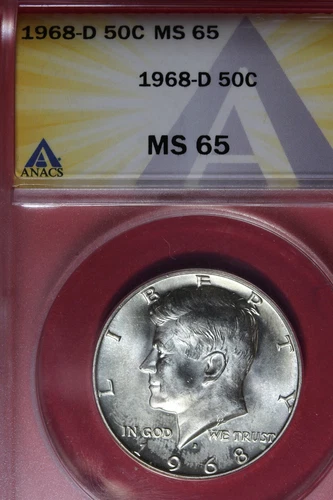 1968 D- ANACS MS65 KENNEDY HALF DOLLAR #B48354