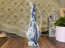 Vintage Mid Century Modern Blue Ceramic Handled Ewer Pitcher Vase w/ Drip Glaze