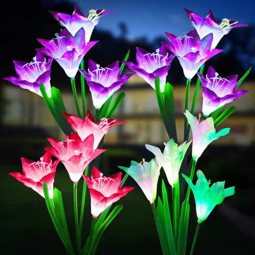 Solar Lights, 4 Pack Lily Flower Lights, Waterproof 7 Color Changing - Bigger So