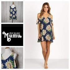 Show Me Your Mumu Birdie Ruffle Dress Navy Sunflower Cold Shoulder Mini Small